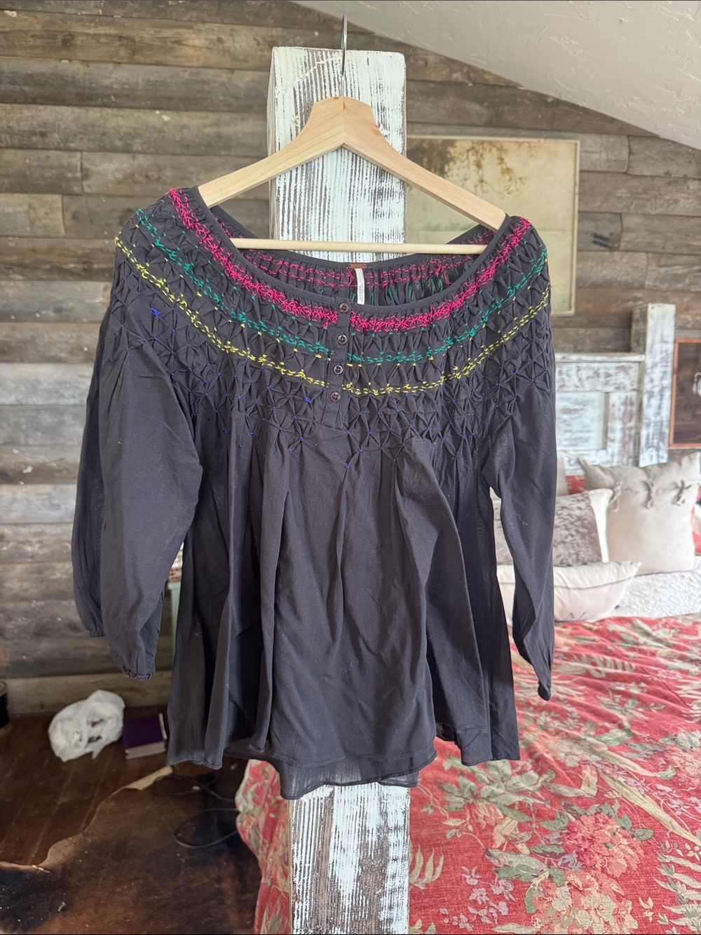 Free People Black Off-Shoulder Embroidered Peasant Top